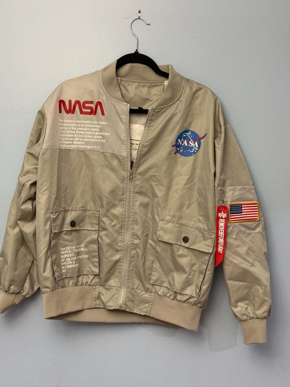 NASA Bomber Jacket Size S Beige Y2K Space Streetwear Windbreaker